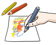 Das Bild zeigt eine Hand, die einen Stift hält und auf ein Blatt Papier malt.