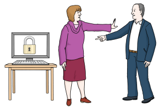Das Bild zeigt eine Frau und einen Mann. Hinter der Frau steht ein Computer. Auf dem Bildschirm ist ein Sicherheitsschloss zu sehen. Der Mann zeigt auf den Computer. Die Frau weist ihn mit der Hand zurück.