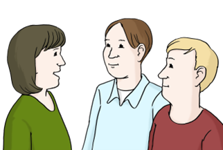 Das Bild zeigt eine Frau und zwei Männer. Sie sprechen miteinander.