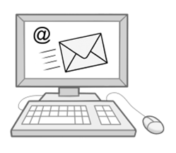 Das Bild zeigt einen Computer. Auf dem Bildschirm sind ein Briefumschlag und das Emailzeigen @ zu erkennen.